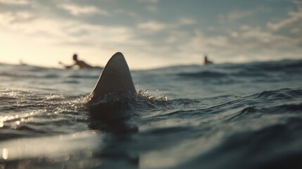 Fototapeta premium Shark fin emerges from ocean water with blurred surfers in the background. Danger and fear concept for marine biology or adventure.