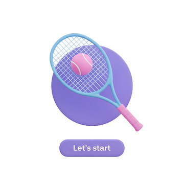 3d tennis racket and ball with let s start button isolated on transparent background
