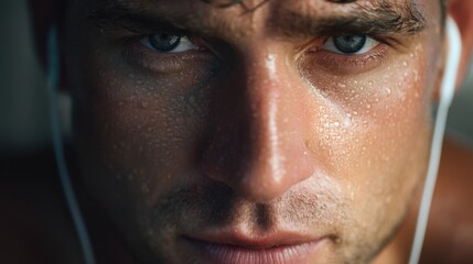 Close up of a man's sweaty face with determined expression. Intense focus and effort during workout or physical activity. Front view portrait.