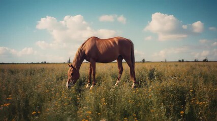 Spotting yellow wildflowers, chestnut horse bending muzzle nibbling grass in meadow under blue sky - Powered by Adobe