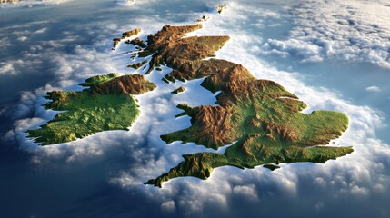 Stylized topographic 3D map of the United kingdom and Ireland above cloud cover. Geographic concept for atlas, travel, education, and weather.