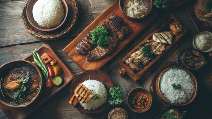 Fototapeta premium Overhead view of an arranged oriental meal with grilled meat, fish, and various rice and vegetable dishes for restaurant menu.
