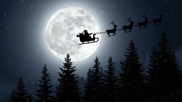 Santa Claus Flying Across Full Moon with Reindeer | Magical Christmas Eve Night 4K Video |