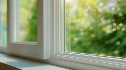 Obraz premium White window frame presenting a green garden bokeh outside. Home interior with natural light and peaceful outdoor view. Clear glass pane.