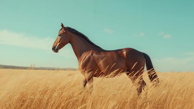 Responding to breeze chestnut horse shifting weight and flicking ear in grassland amid golden grass