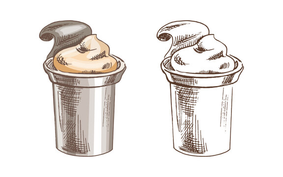 A cup of sour cream, yogurt. Ink sketch isolated on white background. Hand drawn vector illustration. Vintage style stroke drawing.