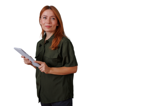 Woman holding tablet, smiling and looking away, redhead professional businesswoman using technology, transparent background