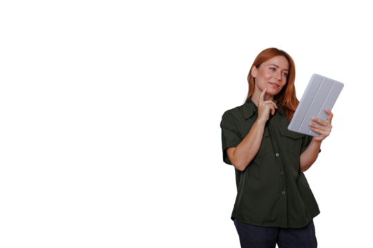 Redhead woman holding a digital tablet, looking pensive and thoughtful. Transparent background included for easy use