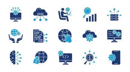 Information technology thin flat icon set. Containing cloud computing, it manager, data analytics, big data, it governance, digital data, internet, internet of things, operating. Vector illustration