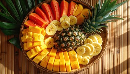 Vibrant Assortment of Fresh Tropical Fruit Slices Including Mango Papaya Pineapple and Banana Artfully Arranged on a Woven Platter with Soft Natural Lighting Creating a Refreshing Summer Atmosphere