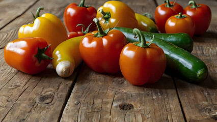tomatoes and peppers fresh vegetables on wooden background