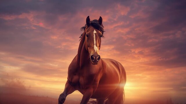 Galloping chestnut horse approaching camera on grassy plain at dusk, sun sinking behind clouds