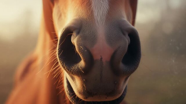 Sniffing horse muzzle flaring nostrils inhaling air in field, with whiskers shining in sunrise glow