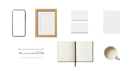 Minimalist desk essentials with smartphone, notebook, picture frame, and coffee mug
