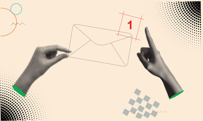Modern graphic concept of sending and receiving email, featuring hands interacting with a message icon and a red notification (1), representing email marketing, digital delivery, important news