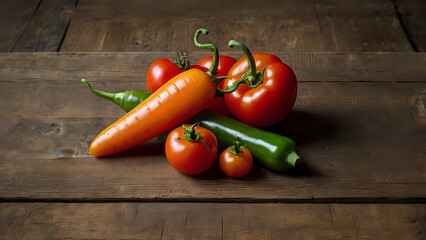 tomatoes and peppers fresh vegetables on wooden background