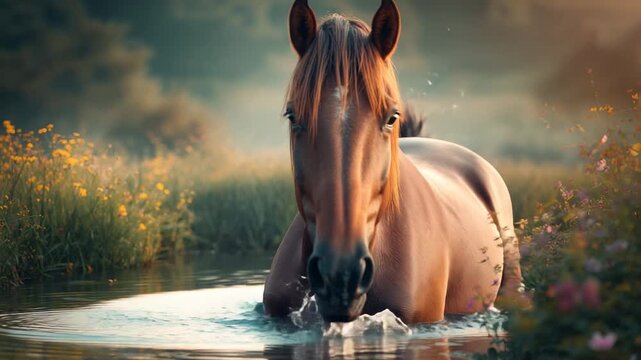 Lowering head chestnut horse drinking water for hydration in pond with wildflowers, sending ripples