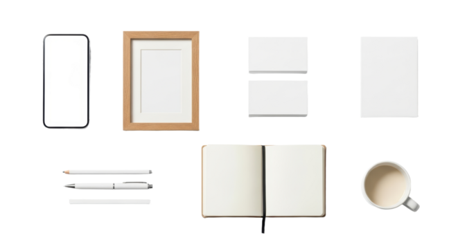 Minimalist desk essentials with smartphone, notebook, picture frame, and coffee mug