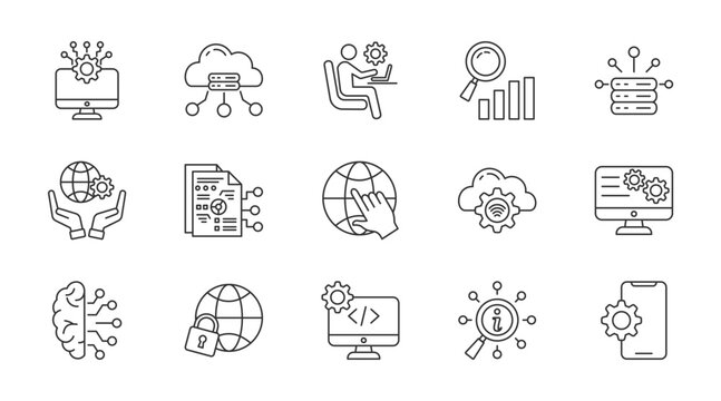 Information technology thin line icon set. Containing cloud computing, it manager, data analytics, big data, it governance, digital data, internet, internet of things, operating. Vector illustration