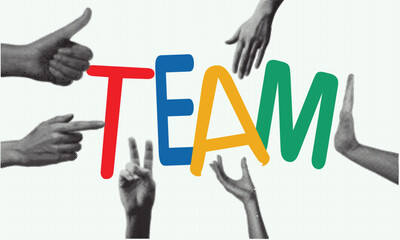 Conceptual graphic of hands interacting around the vibrant typography "TEAM", representing unity, mutual support, strong partnership, group work, and effective communication among diverse colleagues.