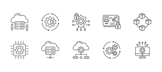 Information technology thin line icon set. Containing cloud storage, automation, cyber security, data privacy, blockchain, hardware, server, it infrastructure, process. Vector illustration