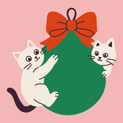 Cute Cats Playing with Christmas Ornament and Bow