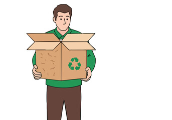 A man holds a cardboard box with a recycling symbol, showcasing sustainable practices. Clean, modern illustration with a green background. Suitable for environmental themes.