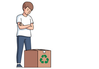 A young man stands with crossed arms, contemplating a recycling box. He appears thoughtful, set against a simple backdrop. Suitable for concepts of sustainability and reflection.