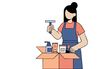 A female professional organizes beauty products in a box, showcasing a clean and efficient workspace. Modern illustration style.