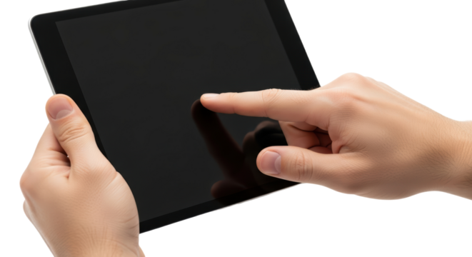 Hands interacting with tablet displaying black screen on white background