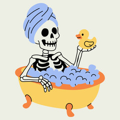 Obraz premium Funny Skeleton Taking a Bubble Bath with Rubber Duck