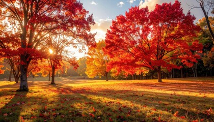 Vibrant Autumn Trees With Red And Yellow Leaves Bathed In Golden Sunlight Casting Long Shadows On A Grassy Field With Scattered Leaves During Sunset