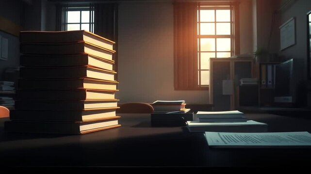 An office workspace features stacks of brown folders filled with documents on a black desk during the day. 4k video