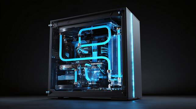 A computer with blue liquid cooling system