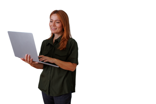 Redhead woman smiling, standing, typing on a laptop, using technology for professional remote work. Transparent background