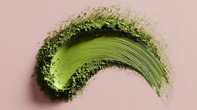 Green matcha powder in shape of brush stroke on plain pink background. Green tea.