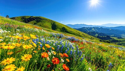 Vibrant Meadow of Wildflowers Blooming on a Lush Green Hillside Under a Bright Sunny Blue Sky With Distant Hills
