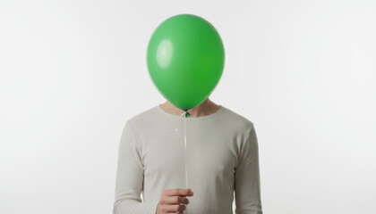 Person holding green balloon on white, calm mood