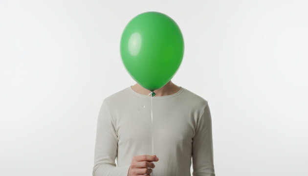 Person holding green balloon on white, calm mood