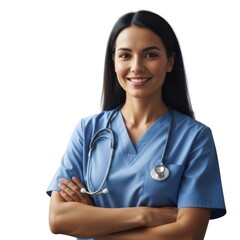 Confident young female doctor in blue scrubs with stethoscope