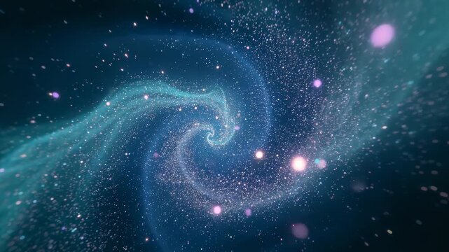 Starting rotating vortex with stardust spiraling in void, plus glowing pink teal violet orbs