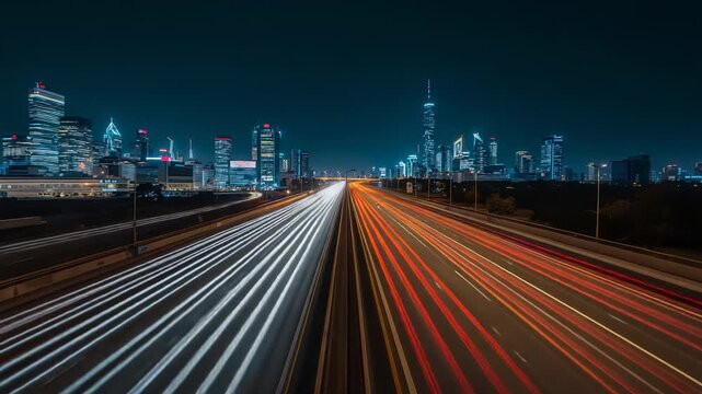 Camera capturing light trails toward city skyline on highway, triggered by vehicles entering frame