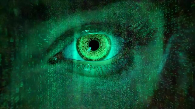 Glowing green eye with cascading digital code overlay in dark cyber atmosphere