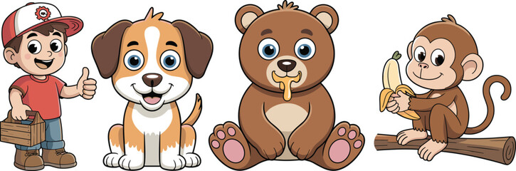 Cute cartoon animals and boy character set, happy kid worker, smiling dog, bear with honey, monkey with banana vector illustration