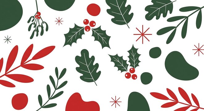 Modern Christmas background with holly berries, mistletoe, and decorative leaves.