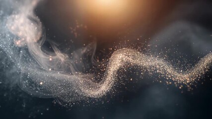 Emitting warm light source at top center spurring golden ribbon flowing in void swirling gray mist - Powered by Adobe