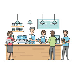 Coffee Shop Scene with Baristas and Customers Vector Illustration