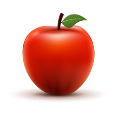 Realistic red apple with green leaf and stem isolated on white background. Fresh fruit illustration symbolizing health, nutrition, and natural food concept.