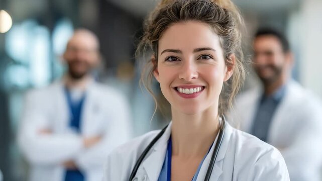 Generative AI. Smiling female doctor with stethoscope, wearing white coat, stands confidently in modern hospital environment, surrounded by colleagues, showcasing teamwork and professionalism