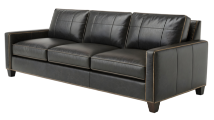 Luxury black leather sofa isolated on dark background. Modern furniture design concept.